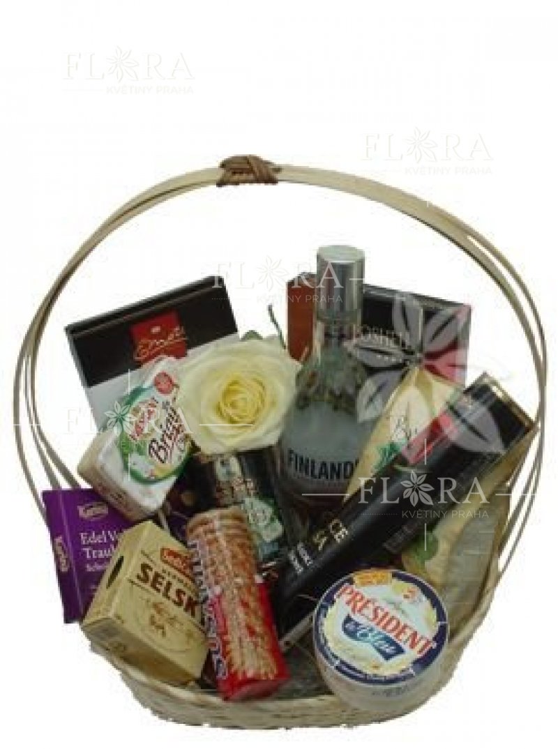 Gift basket with white rose, vodka and snacks 8