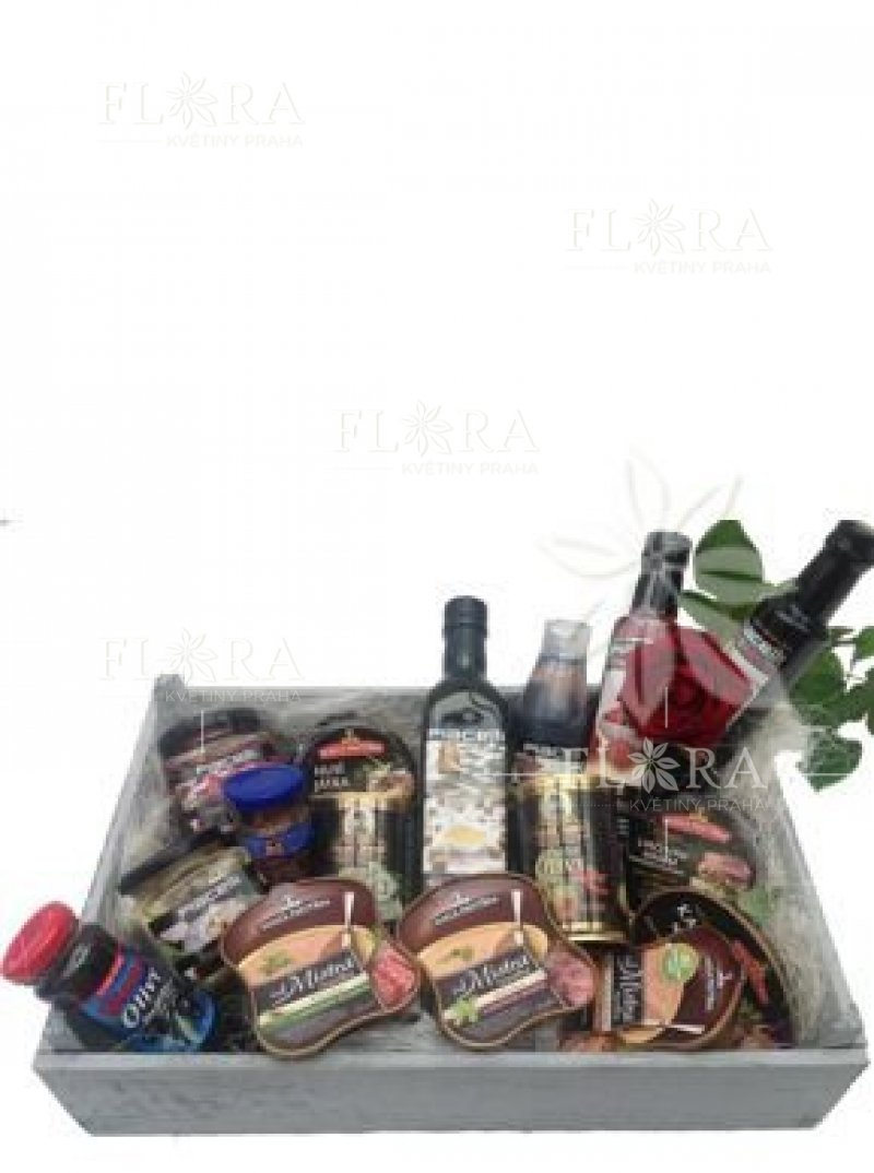 Delicacies and roses in a gift basket 13