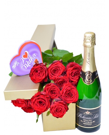 KRABICE RŮŽÍ + bonboniera MILKA SRDCE + SEKT Bohemia demi sec 0,75l