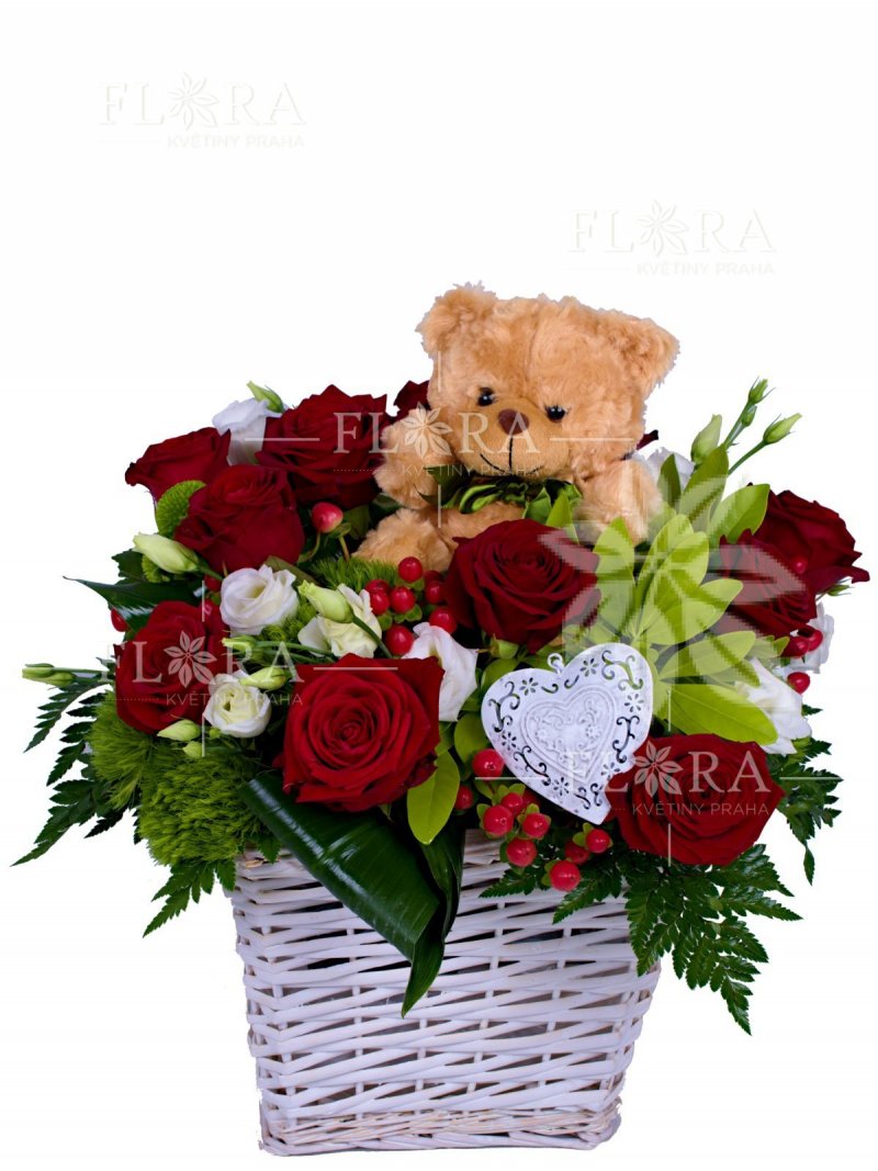 Flower basket - red roses and white eustomes