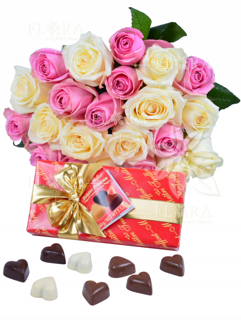 Set of white and pink roses and Belgian pralines