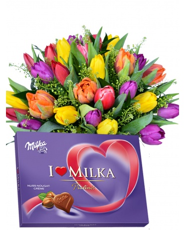Свежие тюльпаны + Milka 110 г