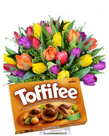Svieža tulipány + Toffifee 125g
