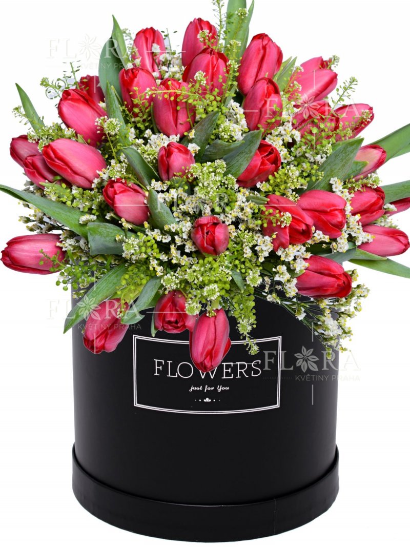 Red tulips - flower in a box