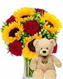 Букет + плюшевый медвежонок - доставка цветов
