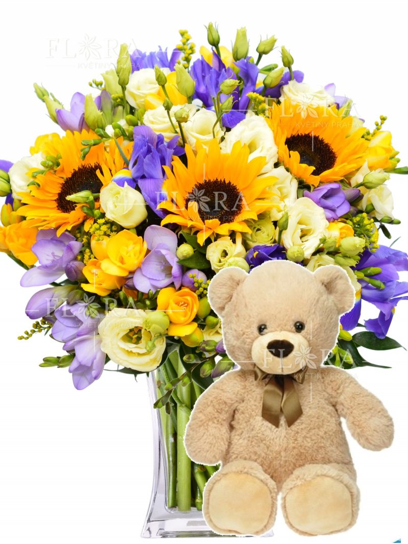 Plyšový medvídek a kytice - rozvoz květin