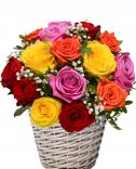 Цветочная корзина для доставки - разноцветные розы