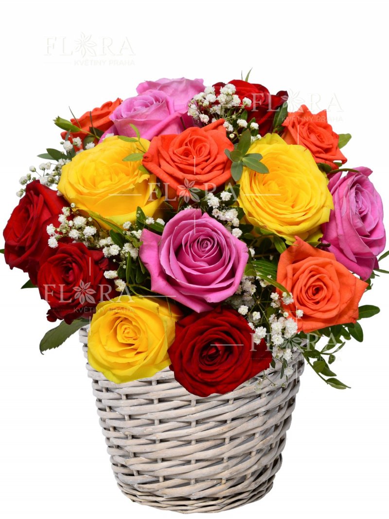 Kvetinový kôš na rozvoz - farebné ruže
